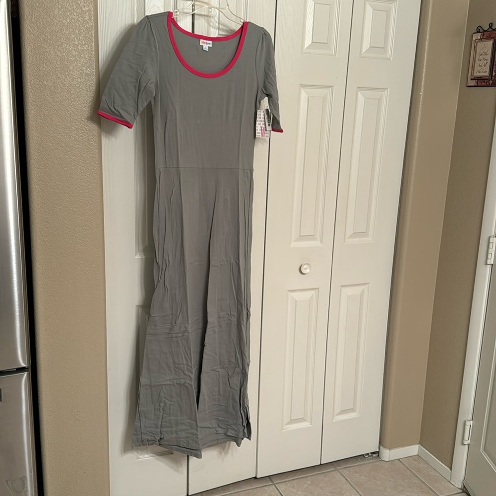 Lularoe Ana dress gray with pink trim neck and arms NWT